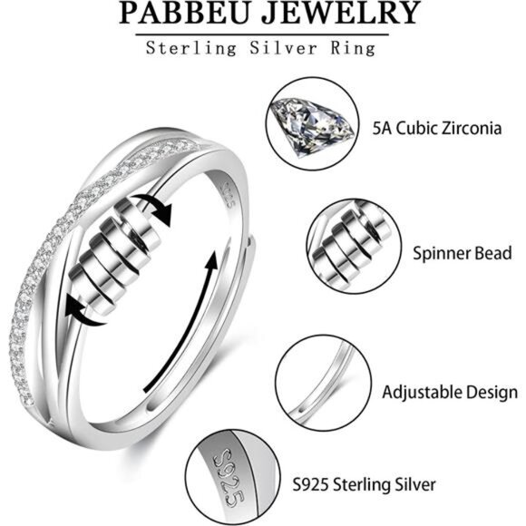 Anxiety Ring for Women 925 Sterling Silver Fidget Ring With Cubic Zircon - Picture 2 of 7